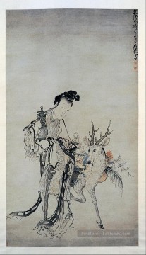 Chinoise œuvres - ma Gu tenant un vase avec un cerf 1766 Huang Shen chinois traditionnel